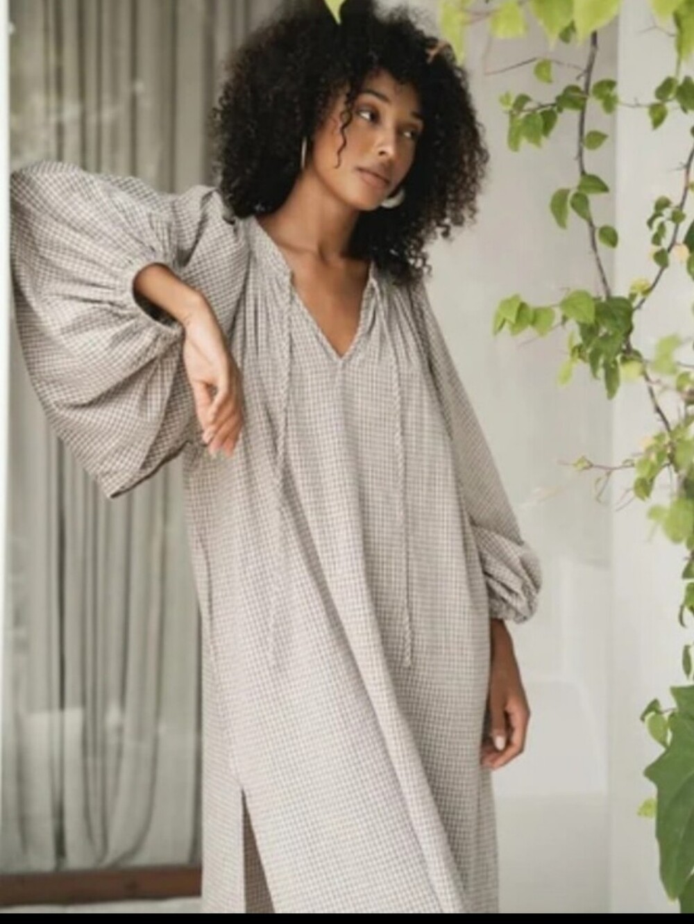 Daughters of India Gray Checked Maxi Dress with Balloon Sleeves